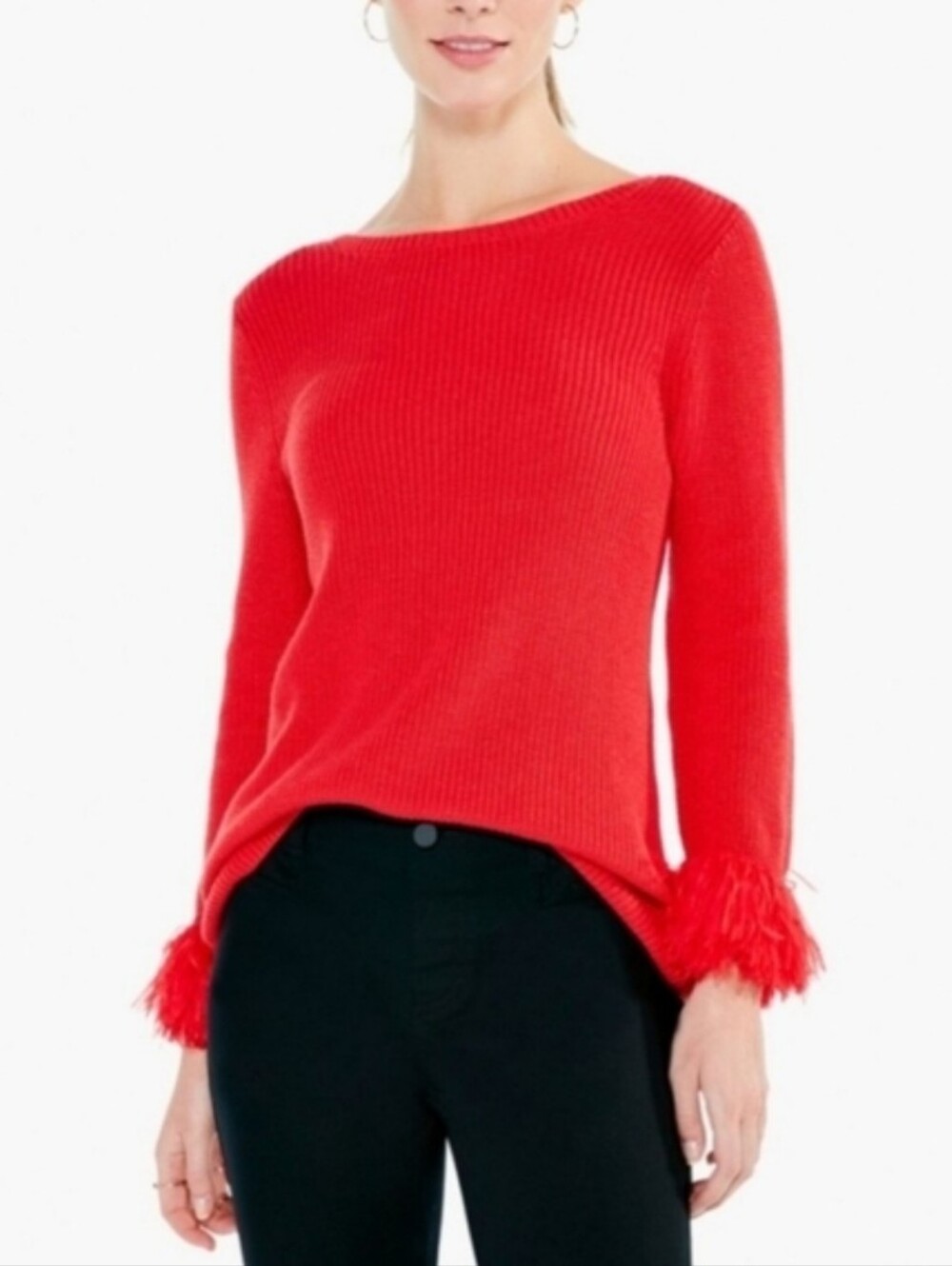 Nic + Zoe red sweater with fringe feather-look cuffs